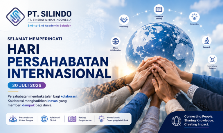 Ilustrasi Hari Persahabatan Internasional 2026 menampilkan kolaborasi global melalui keberagaman tangan yang saling bertumpuk, globe digital, dan identitas PT SILINDO sebagai penyedia solusi akademik end-to-end.