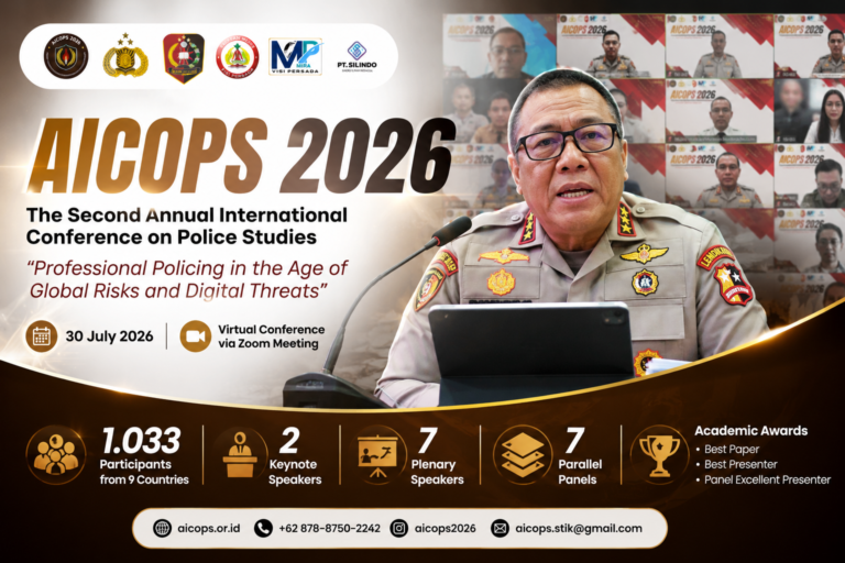 Hero image of The Second Annual International Conference on Police Studies (AICoPS) 2026, showcasing conference highlights including 1,033 participants from nine countries, keynote speakers, plenary sessions, and international academic collaboration.